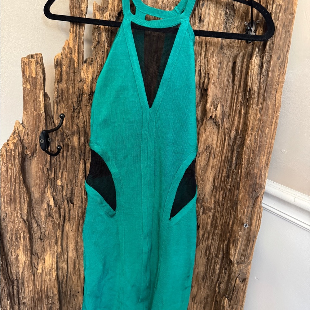Bebe Teal Halter Dress with Mesh Cutouts Women’s XS